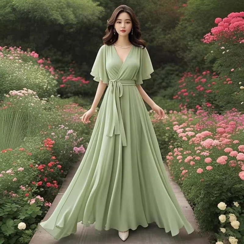 Robe longue de plage d'été 2021, nouvelle beauté verte, française, haut de gamme, en mousseline de soie, exquise, Unique, robe de vacances, fée W296