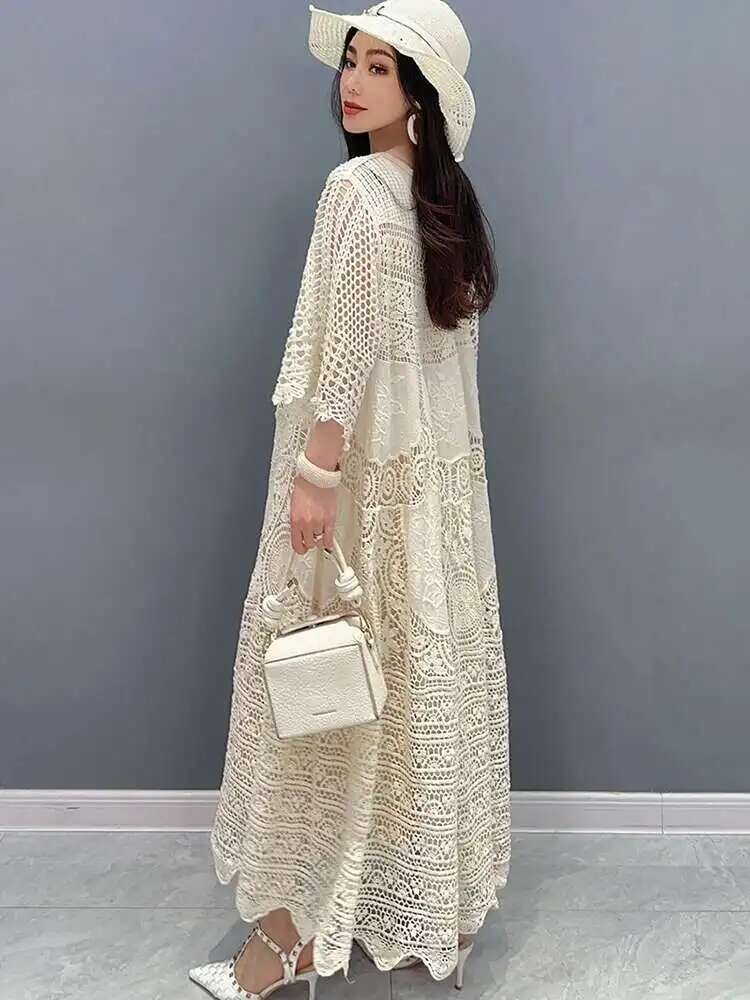 SHENGPALAE-Robe en Dentelle à Manches Mi-sulfpour Femme, Grand Ourlet, Amissié, Élégante, à la Mode, Nouvelle Collection Printemps Été 2024, 5R9579