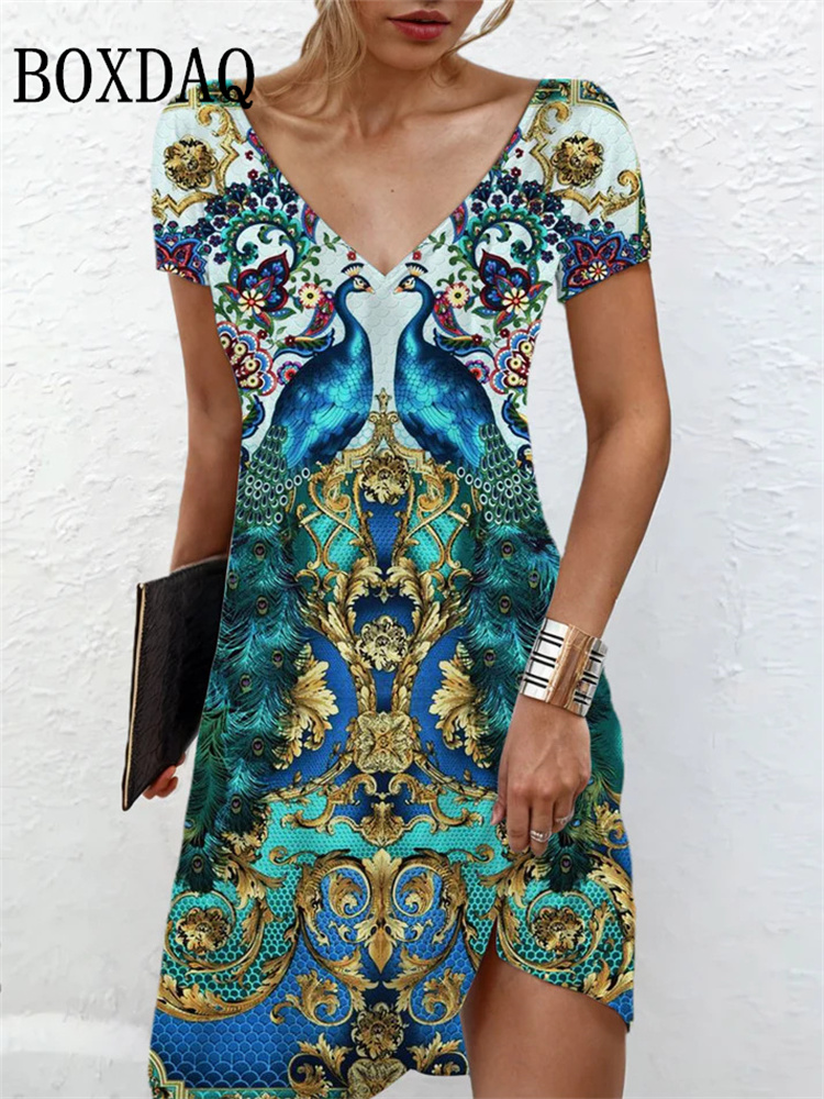 Robe mi-longue à manches courtes et col en V pour femmes, impression 3D abstraite, robes rétro adt décontractées, grande taille 6XL, mode d'été, nouveau, 2024