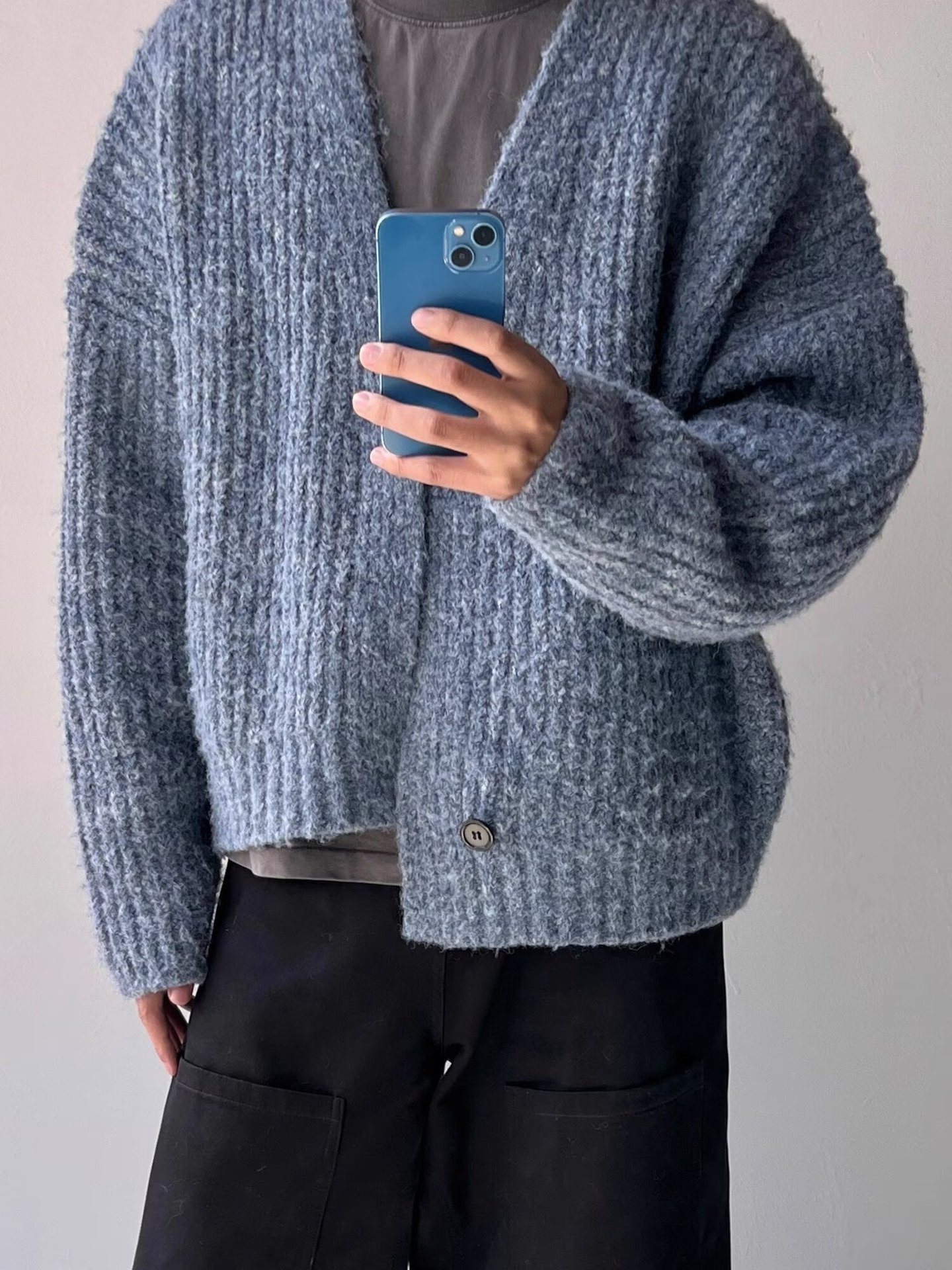Mode automne hiver rétro ample poids lourd couleur mixte court large fil épais tricoté chandails Cardigans vestes chaudes hommes
