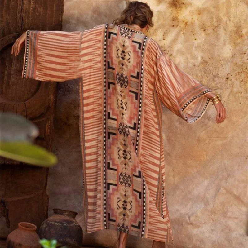 AYUALIN-Robe cardigan kimono à imprimé ethnique pour femme, tunique à manches longues, robe éducative vintage, couverture de plage Boho, chemisier en coton beige