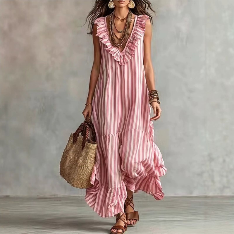 Nouvelle Robe d'Été 2026 pour Femme – Col en V, Volants, Rayures, Style Bohème Décontracté, Élégante, Unique, Tendance Niche, Confortable et Simple – Vestidos