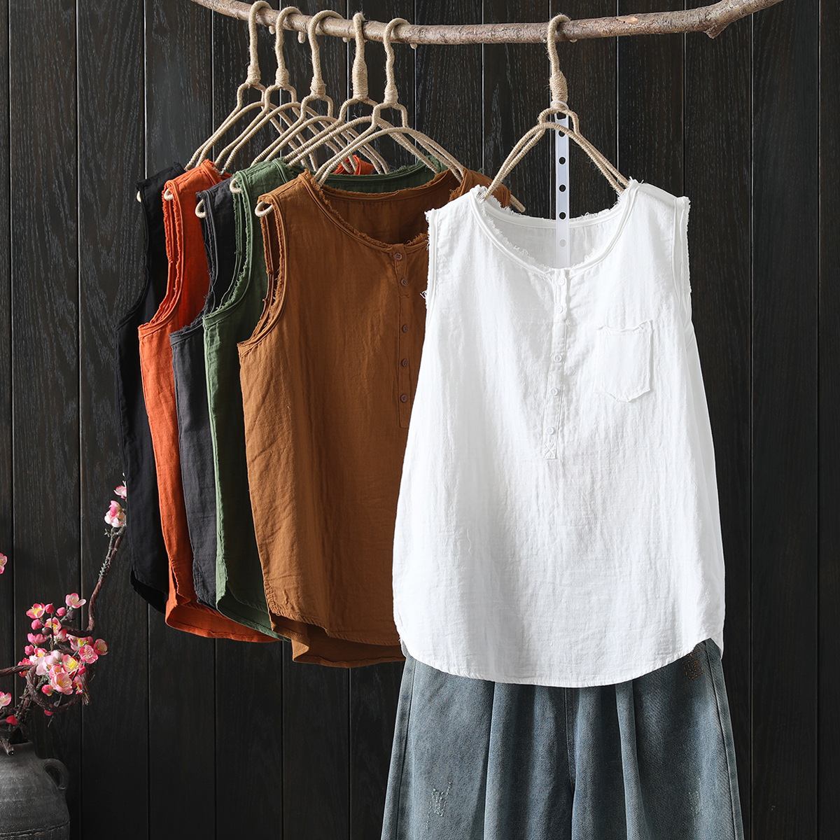 Débardeur en coton pour femmes, mode japonaise, T-Shirts amples sans manches, hauts Mori Girl, chemises décontractées boutonnées, été