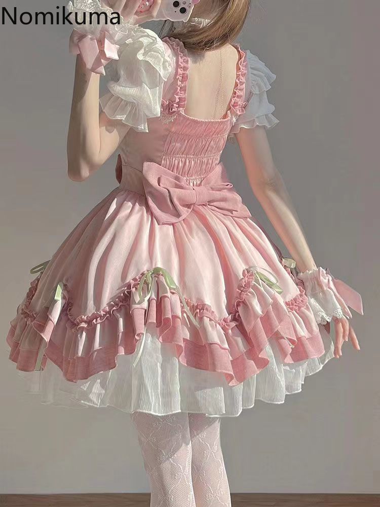 Robe rose douce femmes vêtements Style Lolita japonais mignon Robe Femme 2025 robes De Mujer nœud plis a-ligne robes d'été mignonnes
