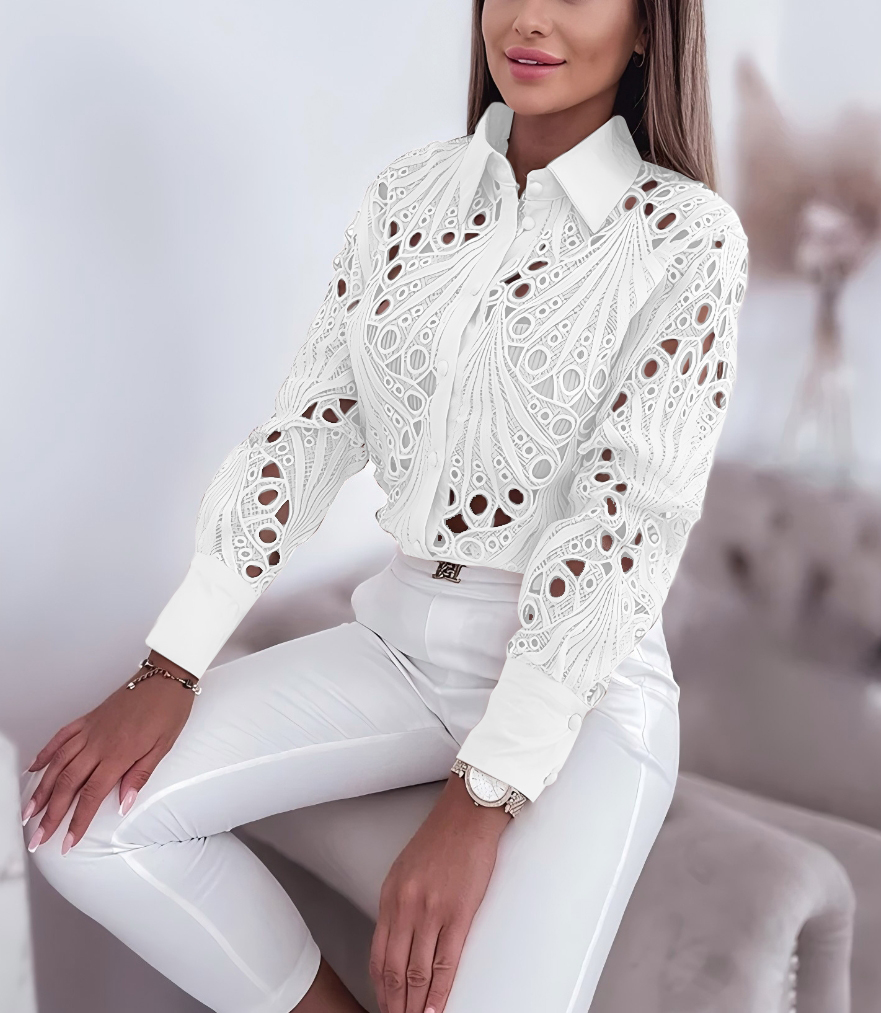 Chemisiers pour femmes chemise à manches longues évidée décontracté solide boutonné avec revers et devant ouvert Camisas Femininas
