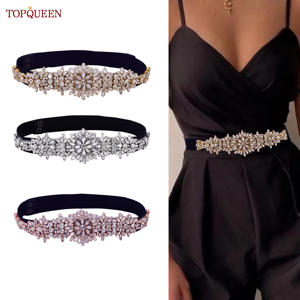 TOPQUEEN S319 femmes mode ceinture élastique noir large ceinture strass décoratif manteau jupe Simple robe ceinture dames quotidien