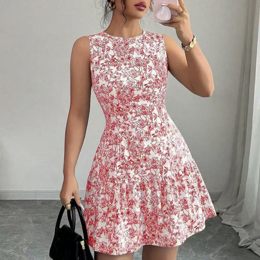 Robe florale bleue et blanche de style bohème et français pour le printemps/été, sans manches avec col rond