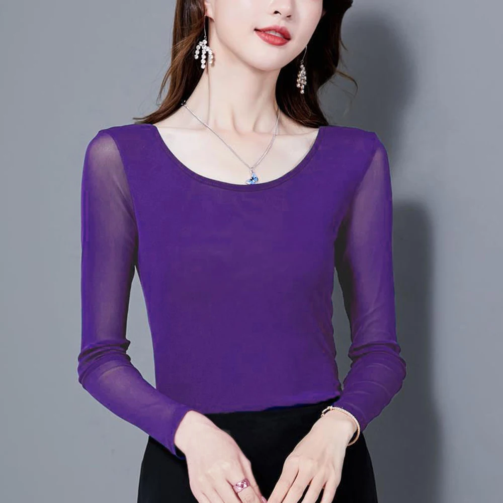 Femmes à manches longues T-Shirts 8 couleurs taille S-4XL Perspective maille col rond femme sommets Blouses à manches longues col rond t-shirt hauts