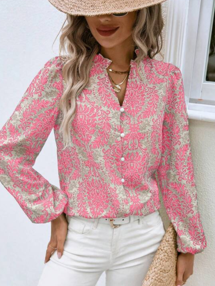 Chemise à manches longues pour femmes, col en v, manches lanternes plissées ornées, imprimé complet, boutonné, pour l'été et l'automne
