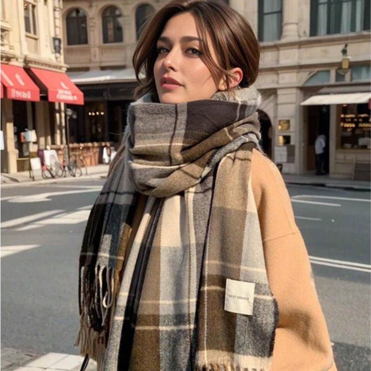 Écharpe à carreaux britannique à la mode et chaude pour l'automne et l'hiver, écharpe à col châle à pampilles à carreaux rétro et polyvalente, adaptée à 1 pièce