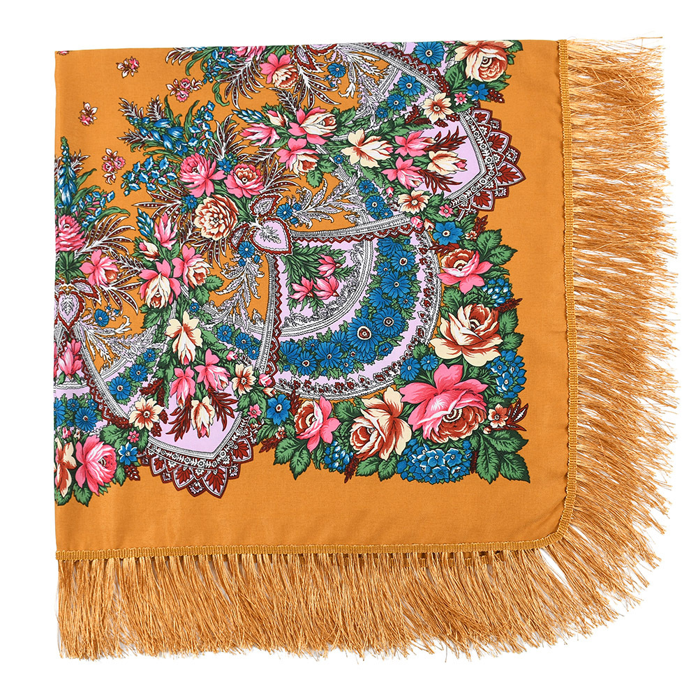 Foulard de Luxe à Imprimé Floral pour Femme, Style Ethnique Russe, Carré, Châle à Franges, Bandana, 135x135cm