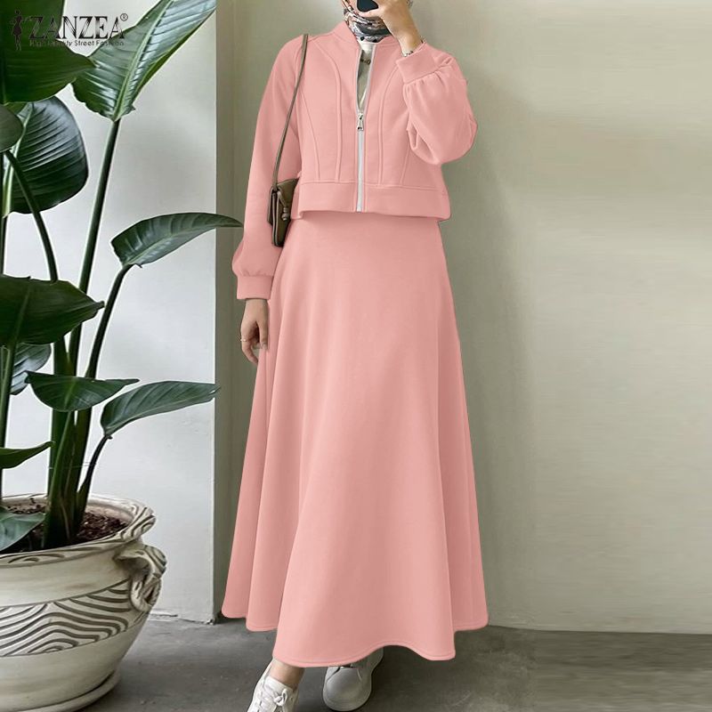 ZANZEA 2026 Tenues de printemps Blouse à manches longues et jupe Ensemble de mode pour femmes 2 pièces Ensembles de vestes à fermeture éclair Robe longue Ensemble assorti musulman