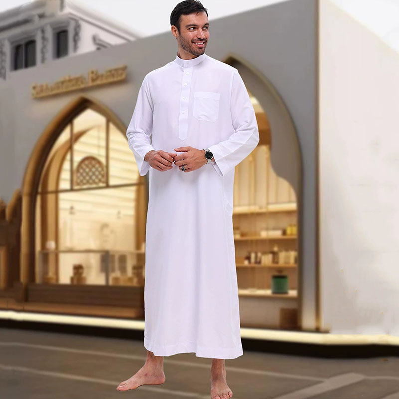 Vêtements islamiques pour hommes, robe longue blanche à manches longues, robe longue musulmane, abaya, kaftan arabe, col à boutons, thobe, jubba