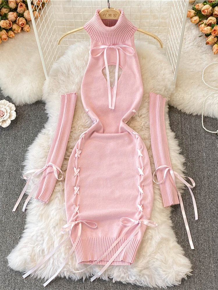 Robe pull sexy à col roulé pour femme, dos nu, sangle de ruban, manches longues, laçage, tambour, tricot, bandage, poitrine ouverte