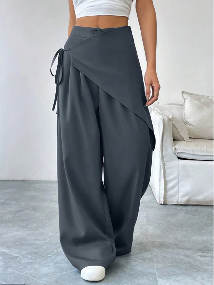 Pantalon de costume élégant asymétrique pour femme, taille haute, coupe ample, jambe large, avec lacets, taille élastique, décontracté