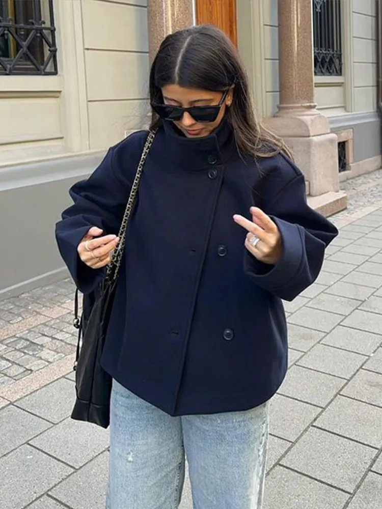 Col montant femmes hiver laine manteaux 2025 automne simple boutonnage ample femme à manches longues veste bureau dame rue manteau court