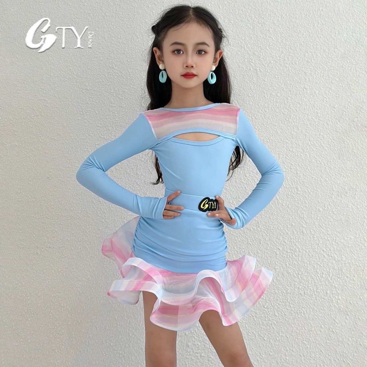 Robe de danse latine bleue, costume de danse, costume de scène, manches longues, costume de performance, vêtements de danse en ligne, nouveau produit 2025, danse