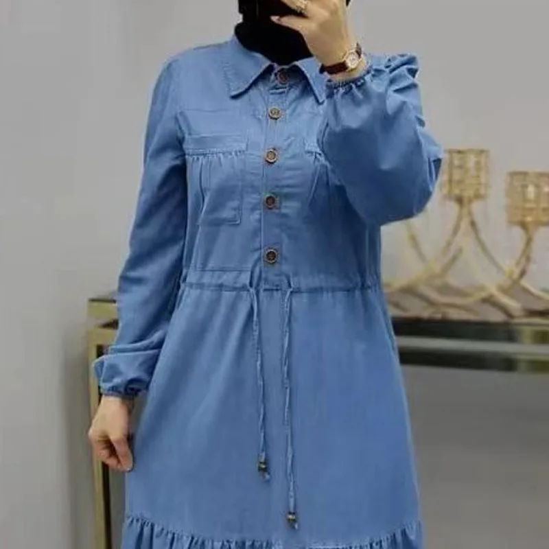 Robe Élégante en Denim à Simple Boutonnage pour Femme, Caftan Musulman à Col Rabattu, Dubaï, Turquie