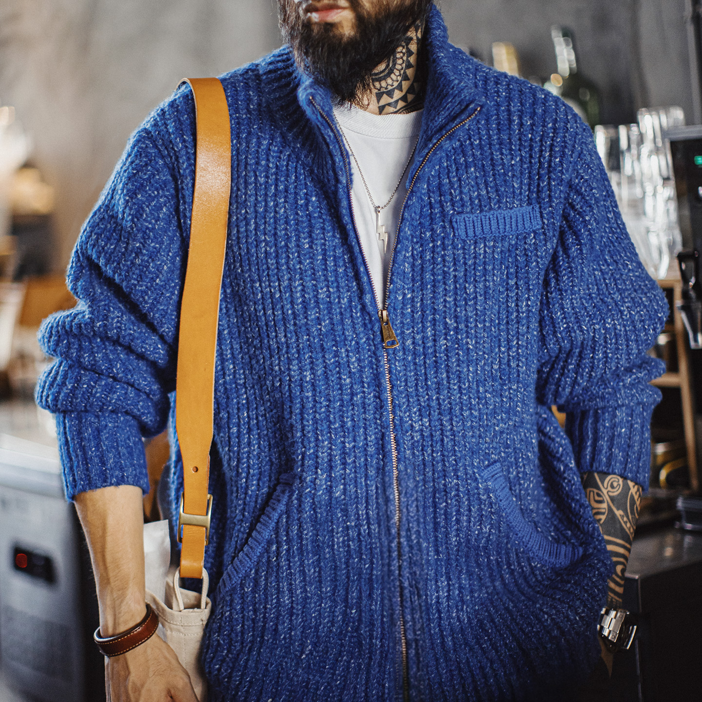 Maden décontracté bleu tricot Cardigan épaissi col haut thermique laine mélange chaud pull manteau pour hommes hiver Vintage veste à glissière