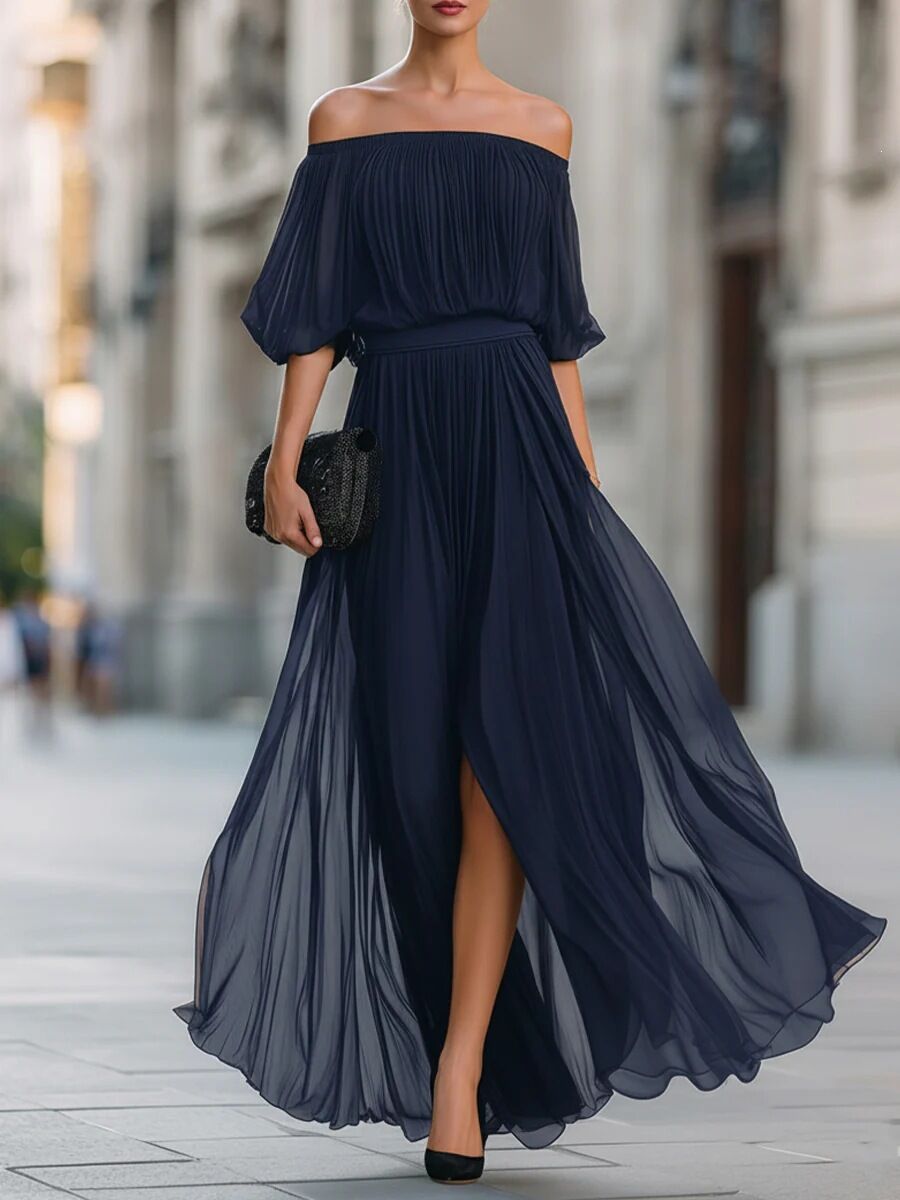 Robe longue élégante pour femme, en mousseline, épaules dénudées, sexy, froncée, avec fente, jupe fluide, pour soirée et fête