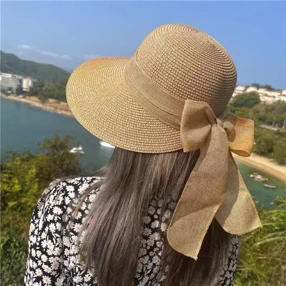 Chapeau de soleil d'été anti-UV avec nœud, respirant, pour la plage, chapeau bob décontracté et tendance pour femmes, chapeau de paille Panama