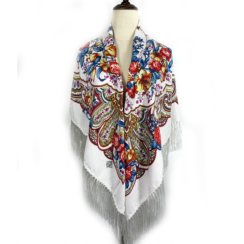 Foulard carré russe de luxe pour femmes, 140x140cm, imprimé Floral, châle, Bandana, ethnique, couverture à franges, mouchoir, Babushka