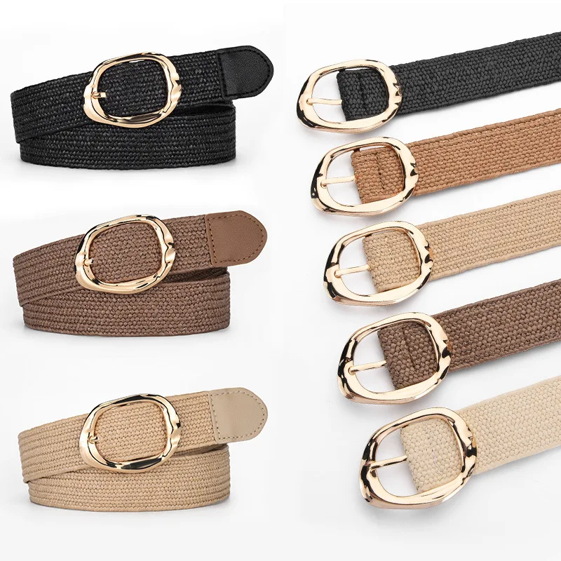 Ceinture élastique en paille tissée de style bohème à la mode, ceinture à la taille pour femme avec boucle ronde tendance, polyvalente