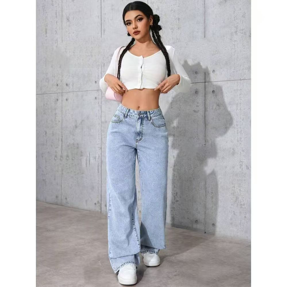 Taille : S-5XL Jeans d'été et d'automne pour femmes, coupe large, taille haute, grande taille, pantalon décontracté ample à jambe droite, pantalon large pour filles