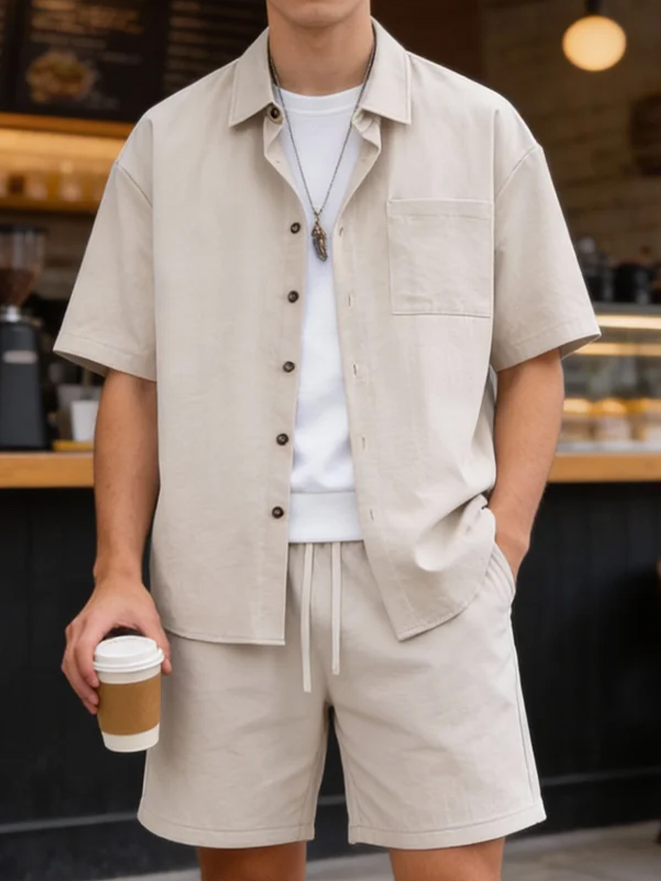 Ensemble deux pièces pour homme : chemise à manches courtes effet coton et short cinq-quarts, style décontracté et ample pour l'été, tenue de travail complète