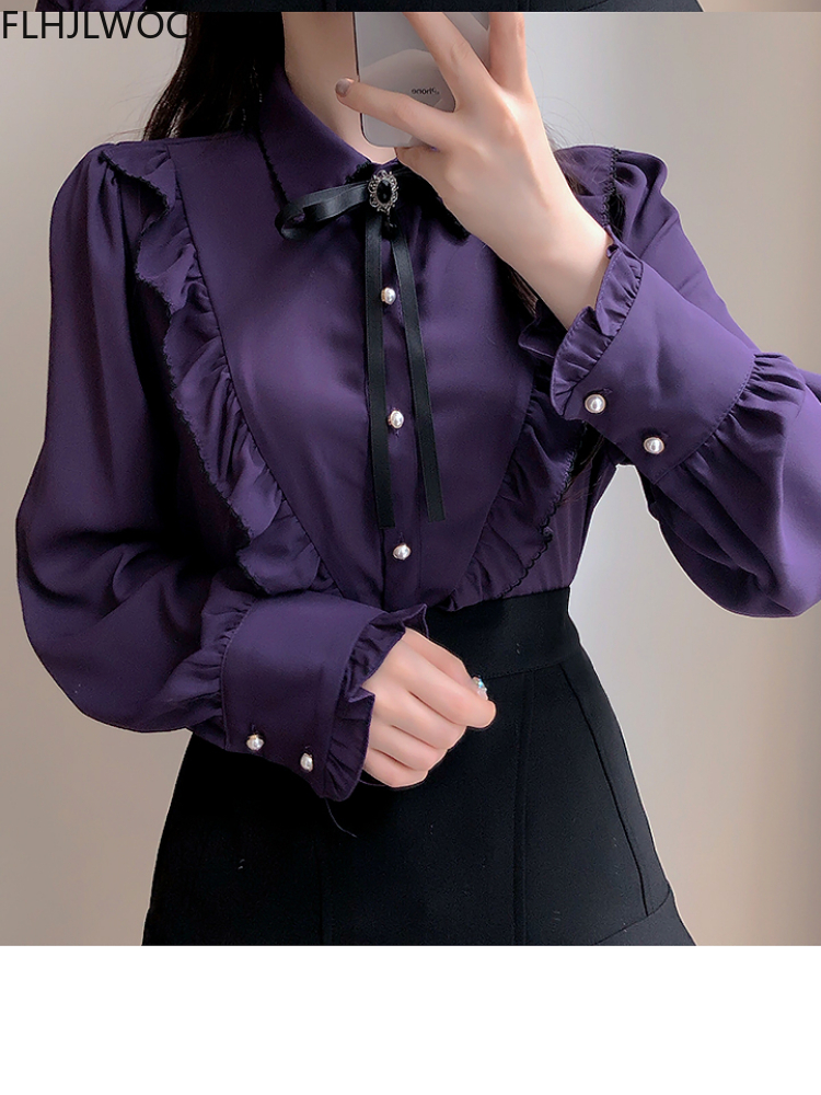 Haut vintage rétro semi-transparent pour femmes, chemises à boutons, ruban fin, mignon, doux, filles, violet, vert, blanc, 2025