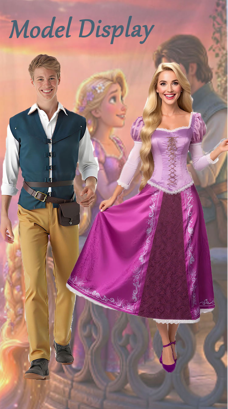 Costume de cosplay pour couple Tangled, robe longue Raiponce, tenue de prince Flynn Rider, ensemble complet pour Halloween et spectacles sur scène