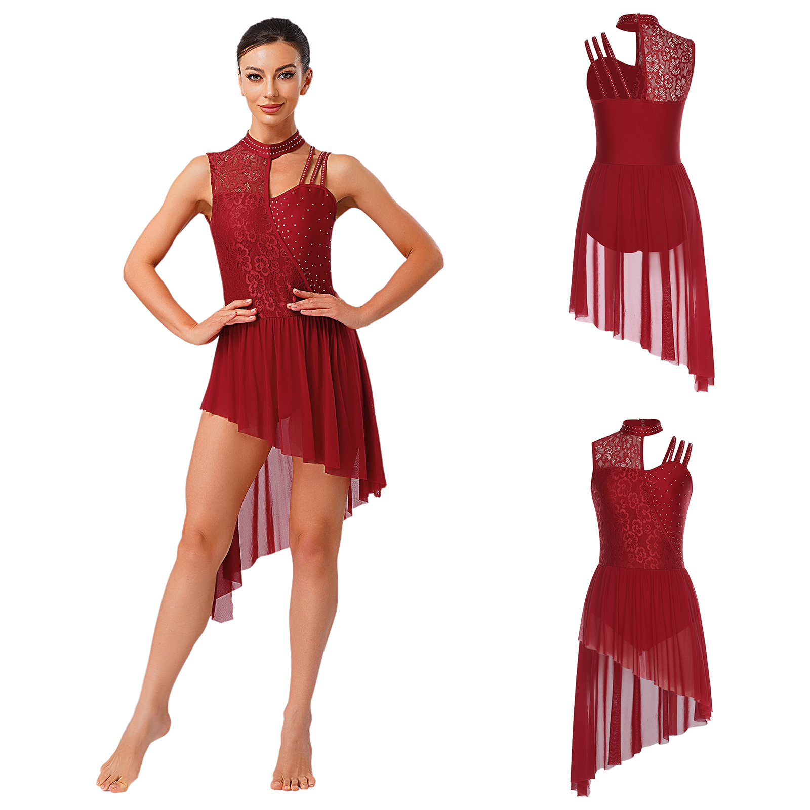Robe de danse lyrique pour femmes, dentelle florale, strass, justaucorps, robes de ballet, patinage artistique, valse, danse latine, cha-cha, vêtements de danse moderne