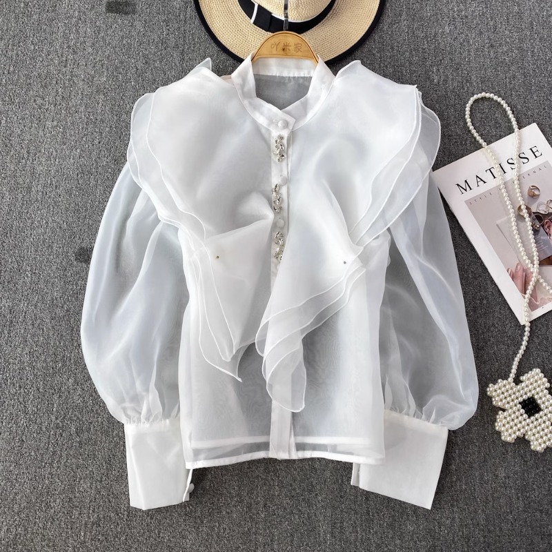 Chemisier à volants en organza pour femmes, chic, maille perlée, transparent, élégant, mode coréenne, livraison directe