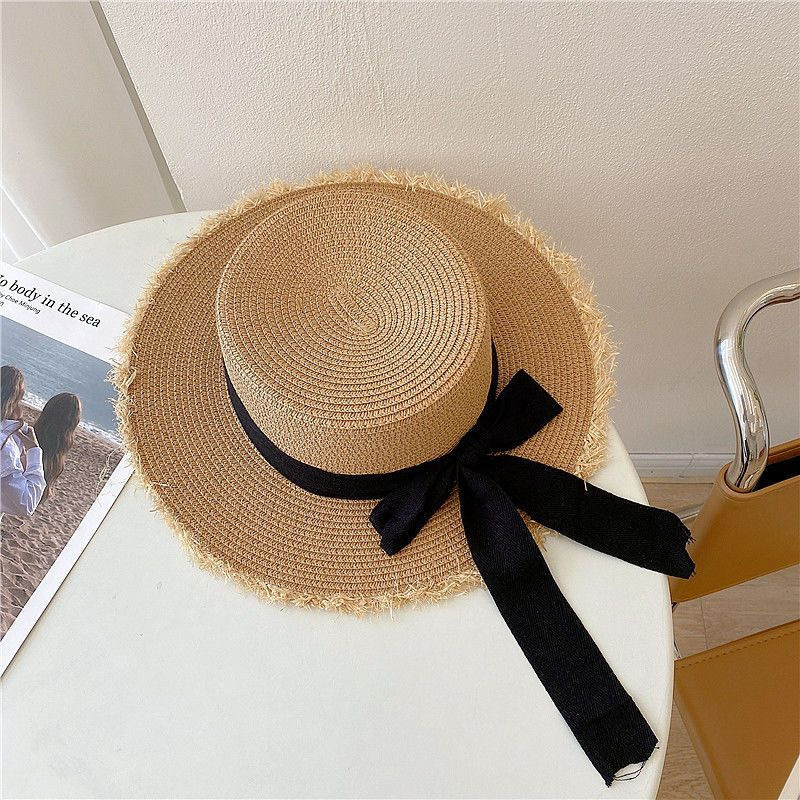 Chapeau de plage japonais tout bord poilu casquette de paille femme été plat haut sortie chapeau de soleil petit nœud frais pare-soleil chapeau de plage