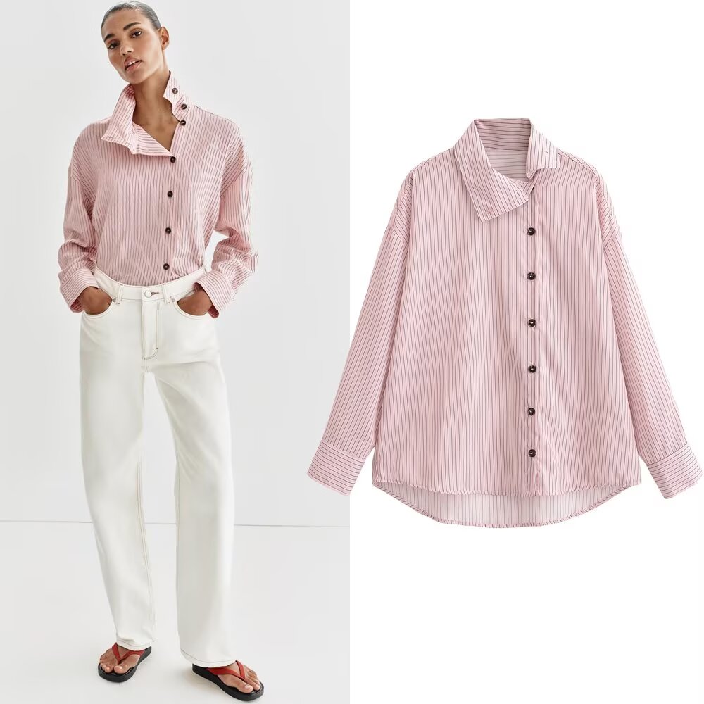 Chemise pour femme 2026 – Nouvelle collection été style européen et américain – Haut asymétrique à manches longues rayé pour femme