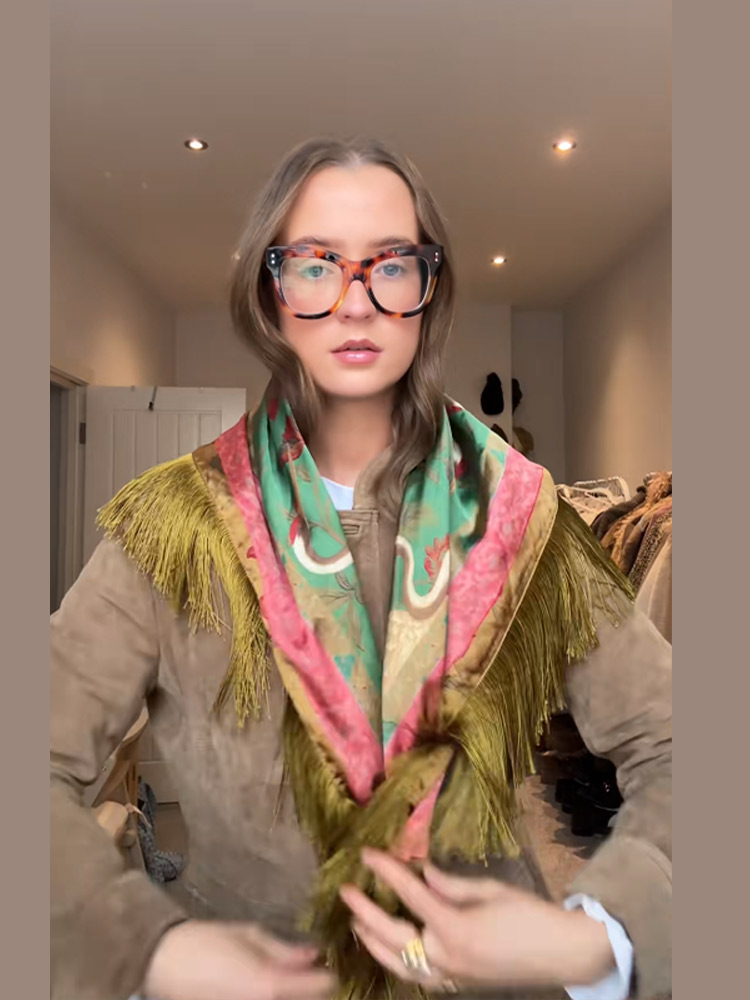 Écharpe carrée vintage imprimée à franges et patchwork pour femme, vert, mode décontractée, style urbain, collection printemps 2026