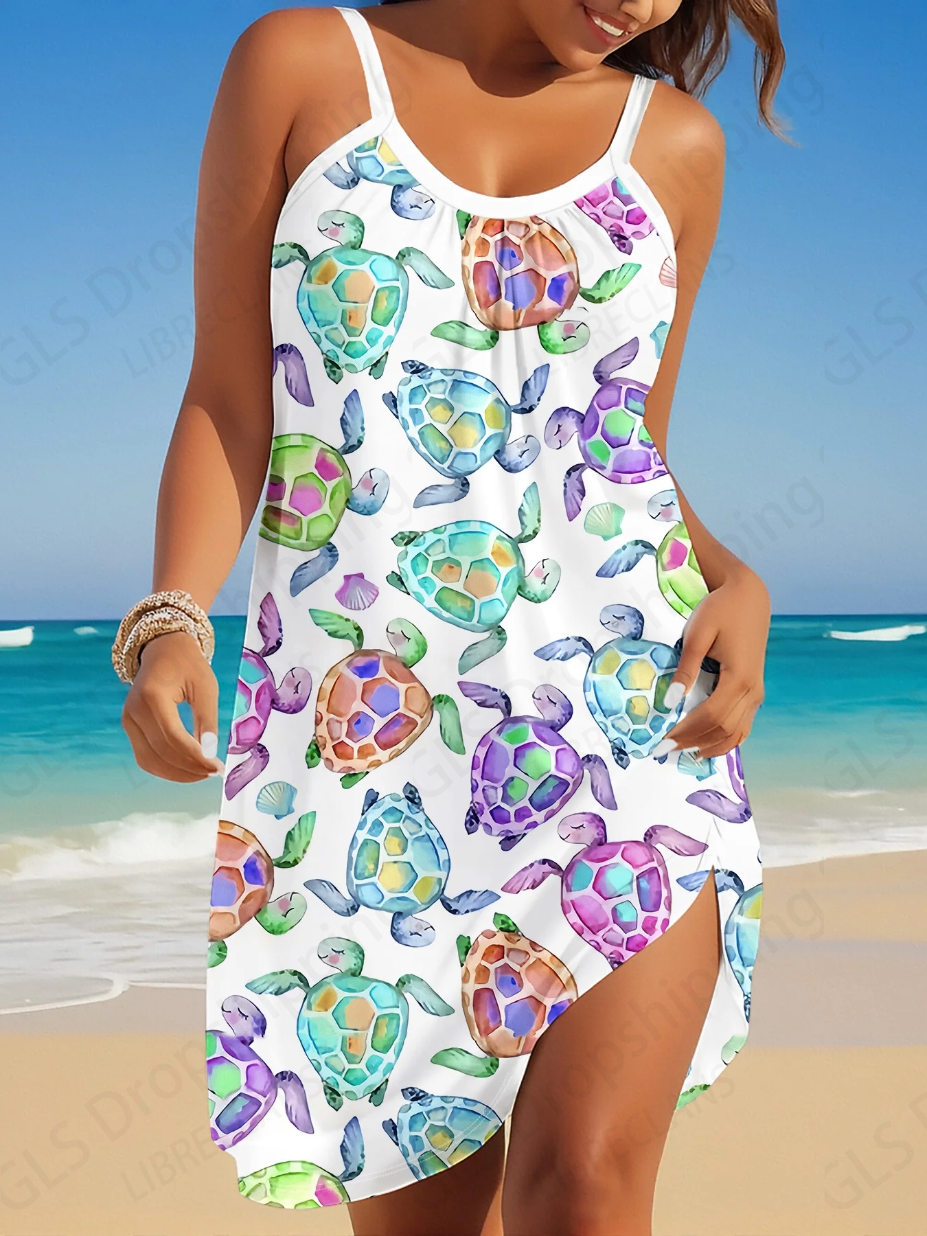 Robe de plage sans manches 3D tortue marine pour femme, style bohème, mini-robe à bretelles, élégante, décontractée, pour soirée, dégradé