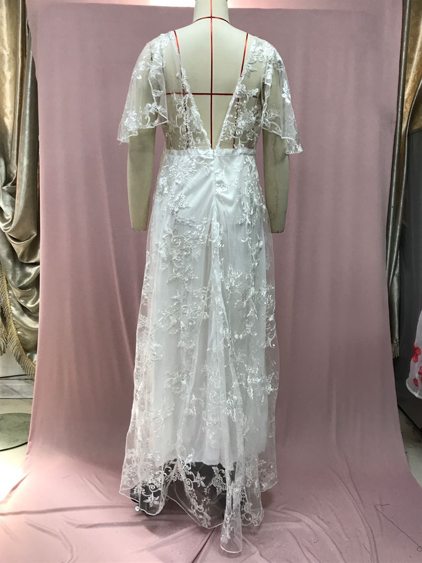 Robes pour femmes 2026 sexy transparentes en dentelle col en V dos nu demi-manches automne robes longues européennes vêtements pour femmes vestidos