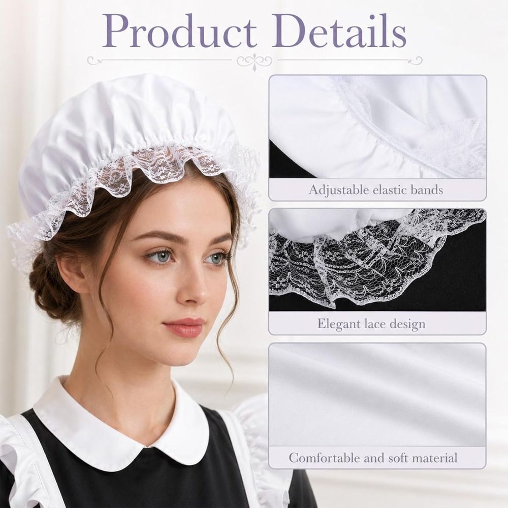 Bonnet de demoiselle d'honneur à bord volanté avec dentelle et bande élastique, ajustement extensible, pour costumes historiques et coloniaux