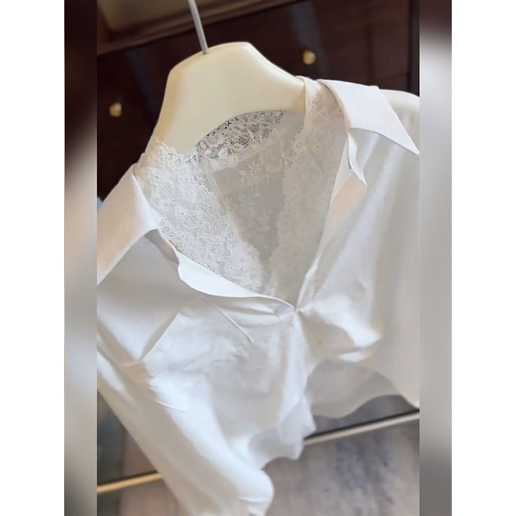 Ensemble deux pièces pour femme : Blouse unie sans manches en dentelle et chemise à manches longues à col rabattu et poches, simple boutonnage, Printemps 2026