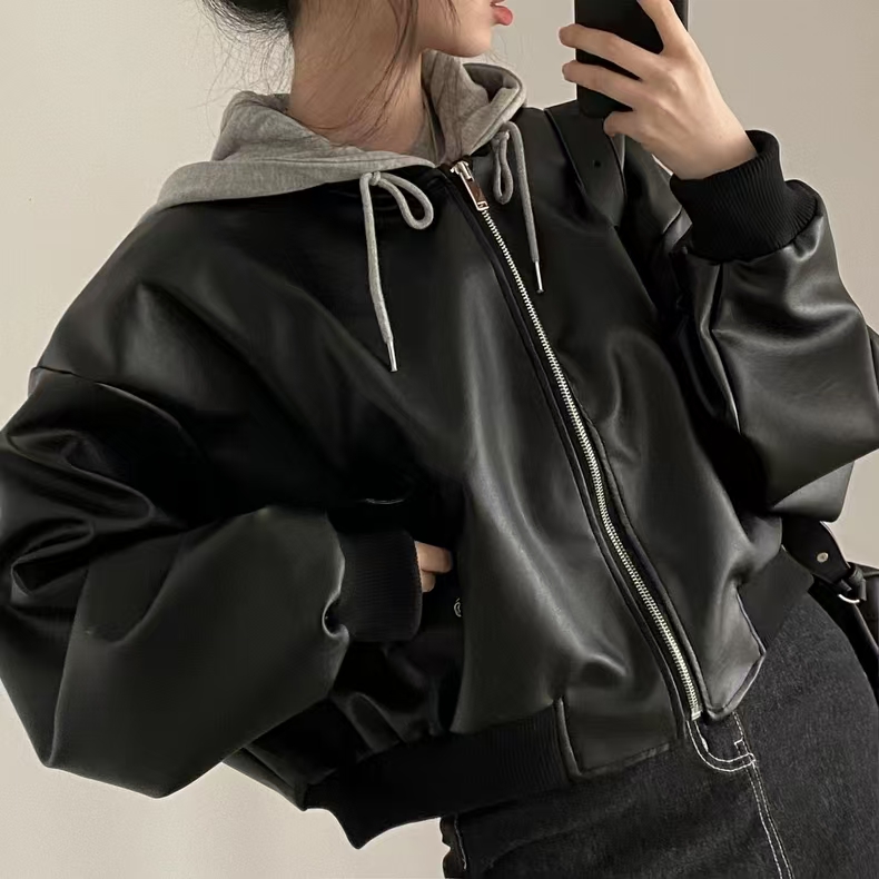 Veste à capuche noire pour femme, mode coréenne, manteau en cuir Harajuku, bombardier esthétique, streetwear