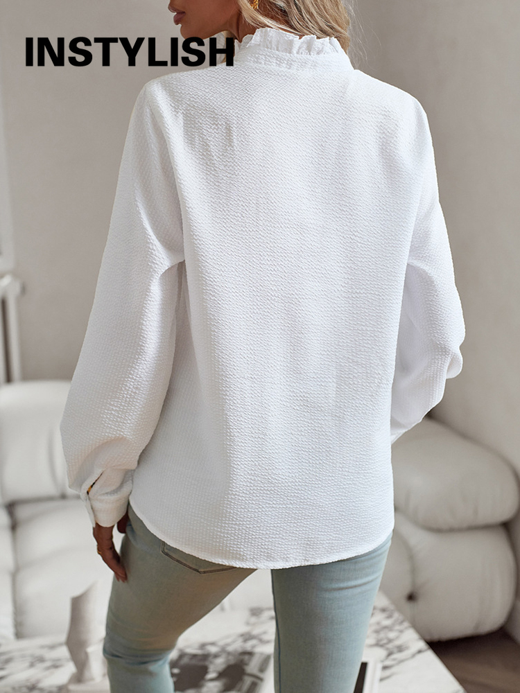 Chemisier élégant à manches longues et col montant froncé pour femme, chemise décontractée à boutons, tunique Harajuku, hauts simples de style urbain
