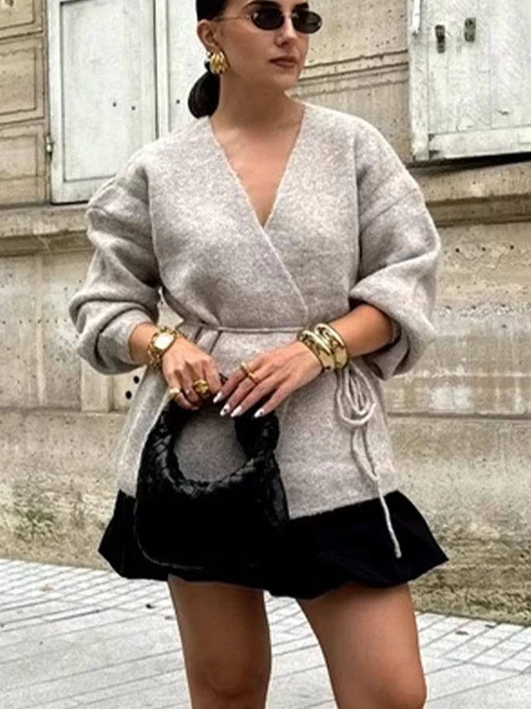 Femmes nouvelle mode hiver col en v profond 2 couleurs cravate à manches longues Cardigan pull femme élégante haute rue tricoté pull