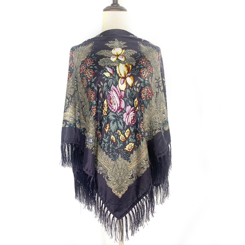 Foulard Carré de Luxe de Style Ethnique Russe pour Femme, Châle à Franges, Bandana, 130x130cm