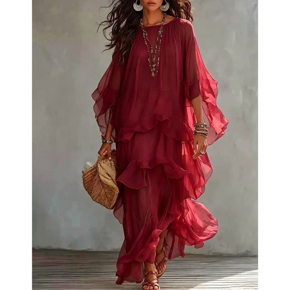 Robe longue d'été bohème en mousseline pour femme, col rond, manches chauve-souris, à volants superposés, ample et fluide, idéale comme robe de plage ou de vacances.