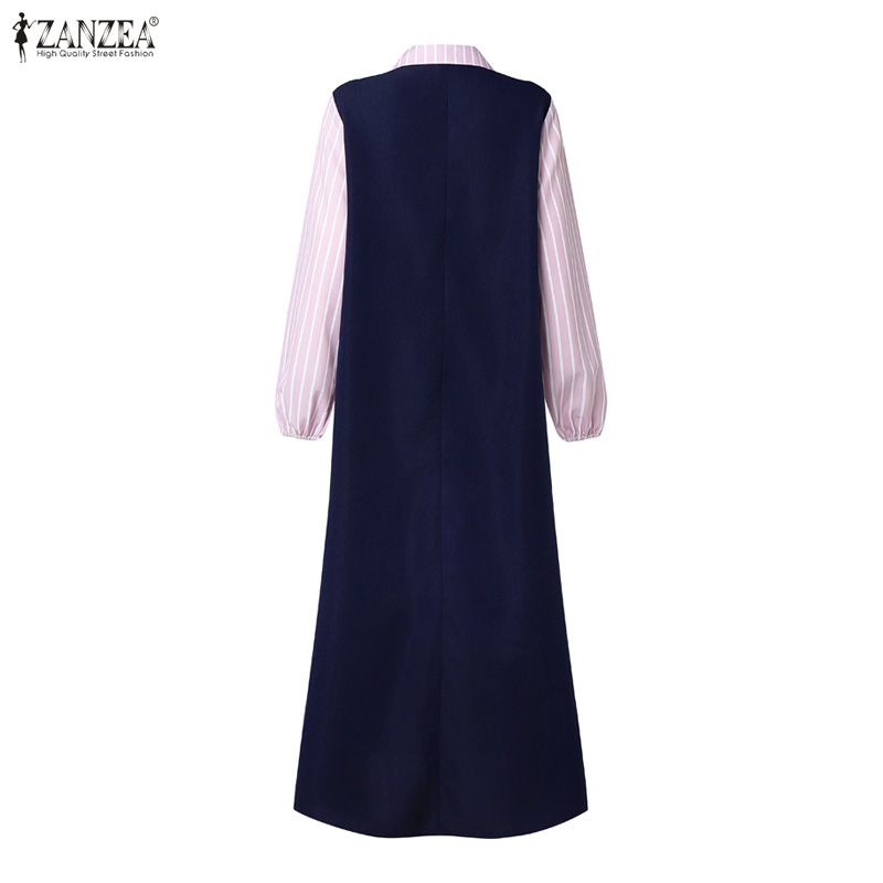 ZANZEA Robe Abaya musulmane patchwork rayée pour femme, Robe de Ramadan décontractée à manches longues, Robe longue ample style Dubaï, Kaftan Maxi