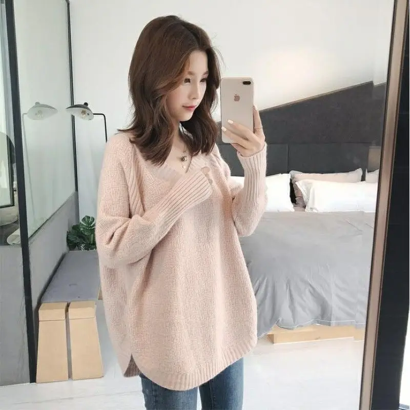 Pull Surdimensionné en Cachemire à Col en V pour Femme, Vêtement Doux, Mode Coréenne, Harajuku, Automne et Hiver