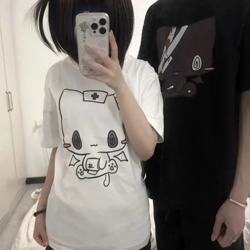 Femmes t-shirts dessin animé imprimé drôle Couple doux à manches courtes col rond ample Y2k Harajuku hauts femme t-shirt style décontracté