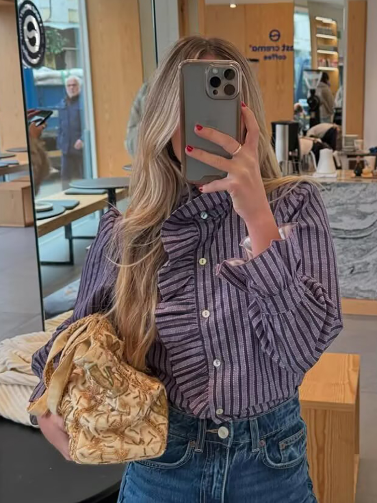 Chemisiers doux pour femmes 2025 – Blouses décontractées à rayures violettes pour soirées, hauts chics pour femmes, vêtements mignons pour filles