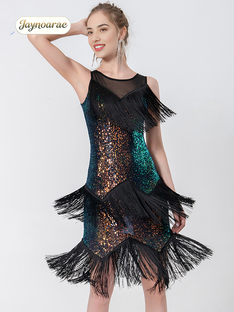Robe de danse latine JAYNOARAE pour femmes, à franges et paillettes, style Charleston des années 1920, avec pompons, pour salsa et tango.
